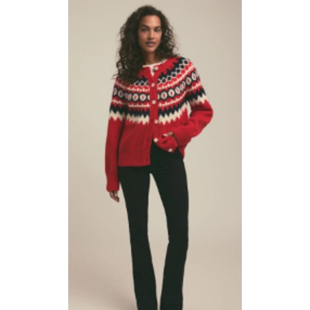 NEW Favorite Daughter L The Snowed In Cardigan Red Fair Isle Sweater Merino
